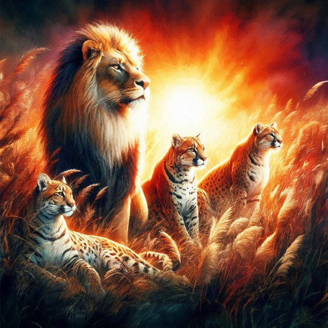 Lions And Tigers In Sunset Wild Grasses Jigsaw Puzzle (Roar with excitement as nature's beauty unfolds in Lions And Tigers puzzle.)