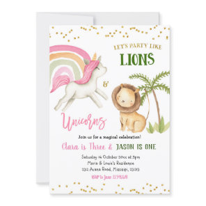 Lions and Unicorns Sibling Birthday Invitation