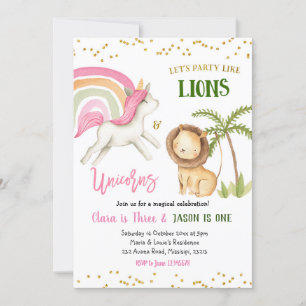 Lions and Unicorns Sibling Birthday Invitation