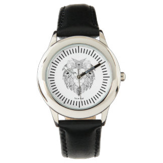 Lions face in black and white line art tattoo watch