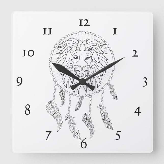 Lions head in black and white in dream catcher square wall clock (Front)