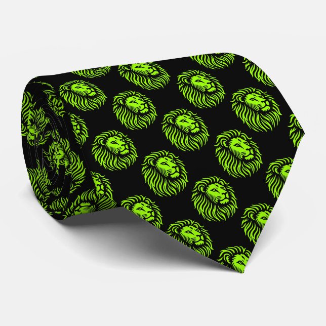Lion's Head Pattern - Chartreuse Green on Black Neck Tie (Rolled)