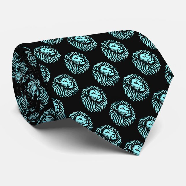 Lion's Head Pattern - Ice Blue on Black Neck Tie (Rolled)