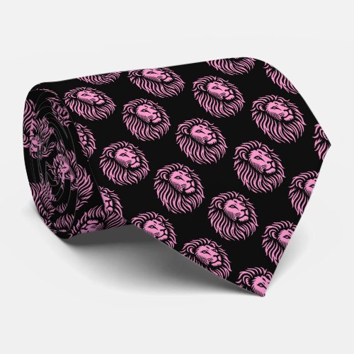 Lions Head Pattern _ Pink on Black Neck Tie