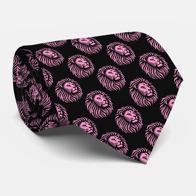 Lion's Head Pattern - Pink on Black Neck Tie (Rolled)