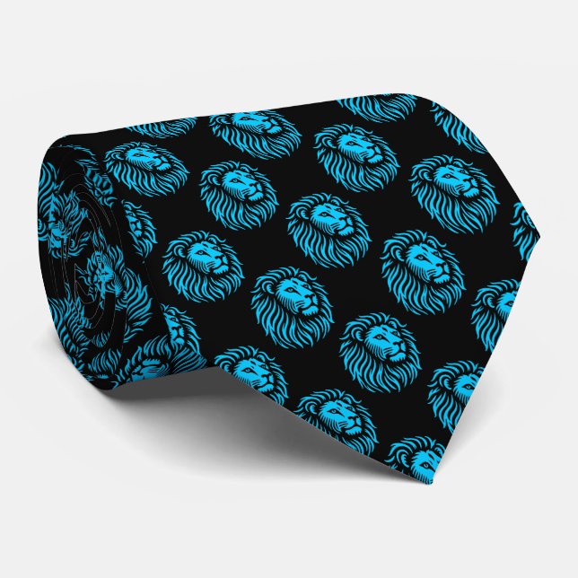 Lion's Head Pattern - Sky Blue on Black Neck Tie (Rolled)