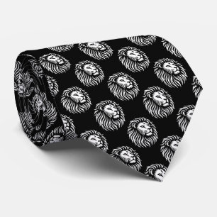 Lion's Head Pattern - White on Black Neck Tie