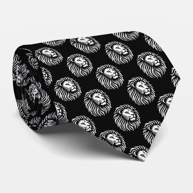 Lion's Head Pattern - White on Black Neck Tie (Rolled)