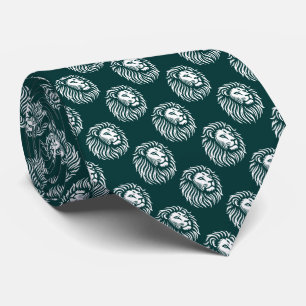 Lion's Head Pattern - White on Dark Green Neck Tie