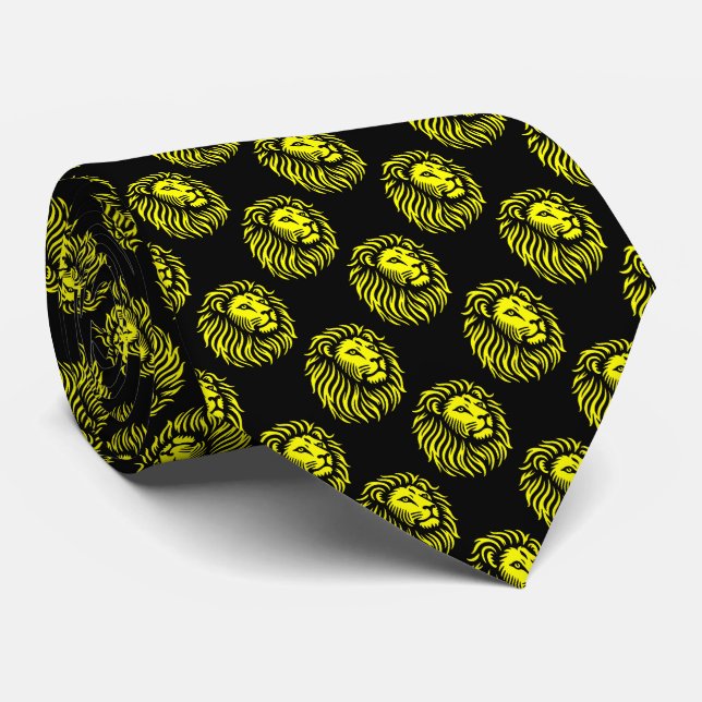 Lion's Head Pattern - Yellow on Black Neck Tie (Rolled)