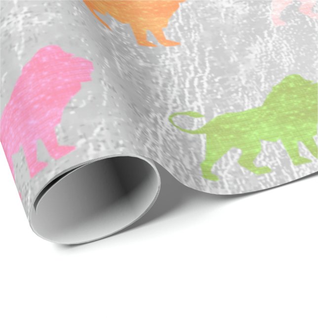 Lions Pink Silver Green Metallic Glass Peach Wrapping Paper (Roll Corner)