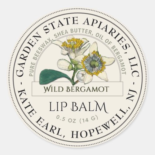 Lip Balm Label with Wild Bergamot on Ivory