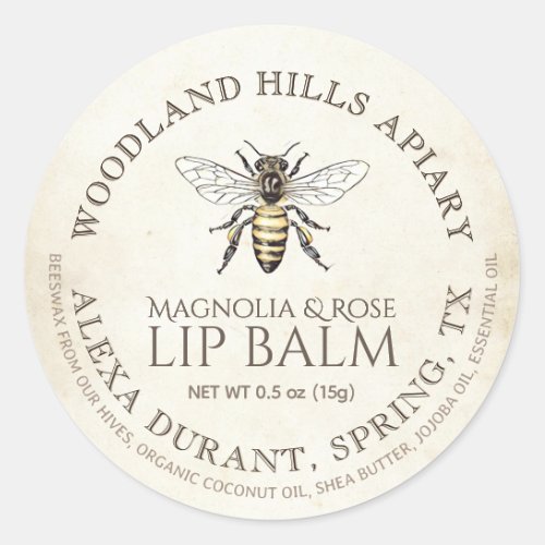 Lip Balm Queen Bee on Antiqued Ivory Parchment  Classic Round Sticker