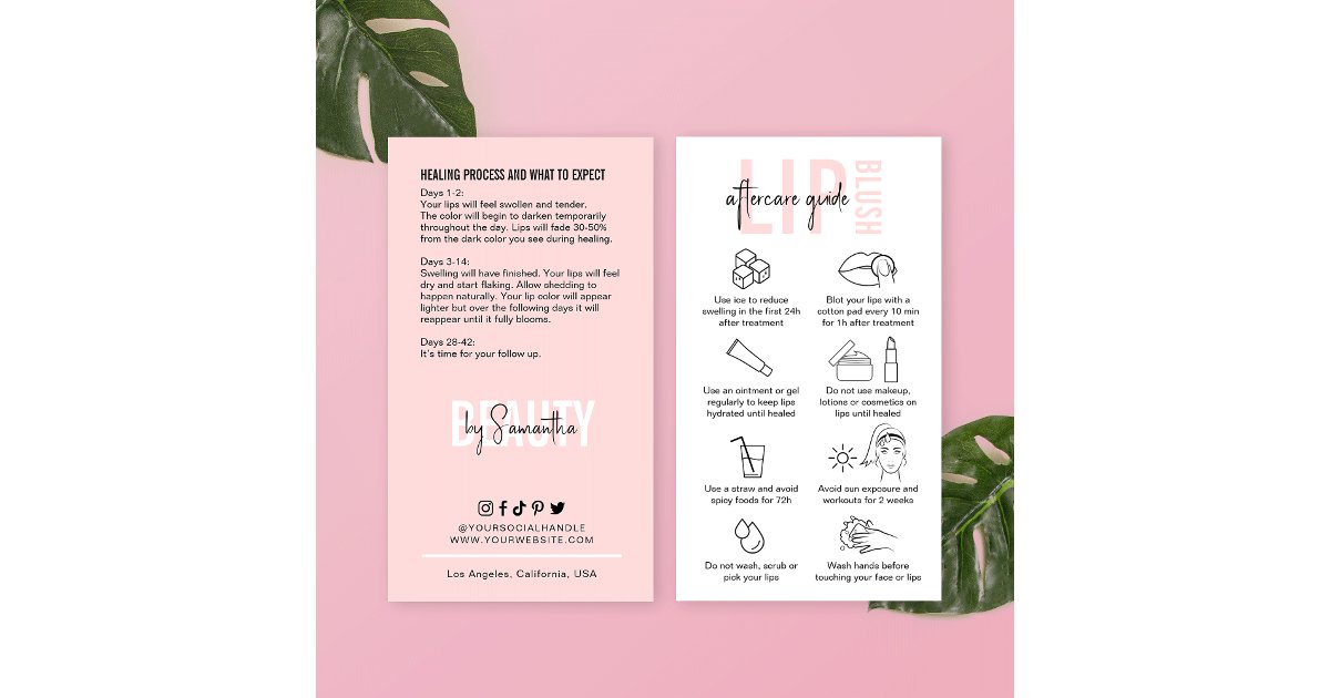 Lip Blushing Aftercare Instructions Pink Beauty Business Card | Zazzle