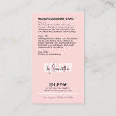 Lip Blushing Aftercare Instructions Pink Beauty Business Card (Back)