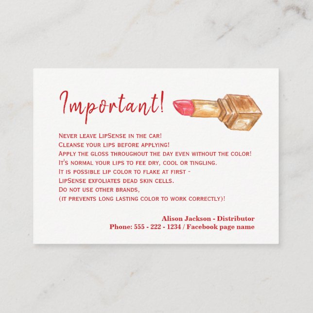 Lip color distributor application instructions business card (Back)