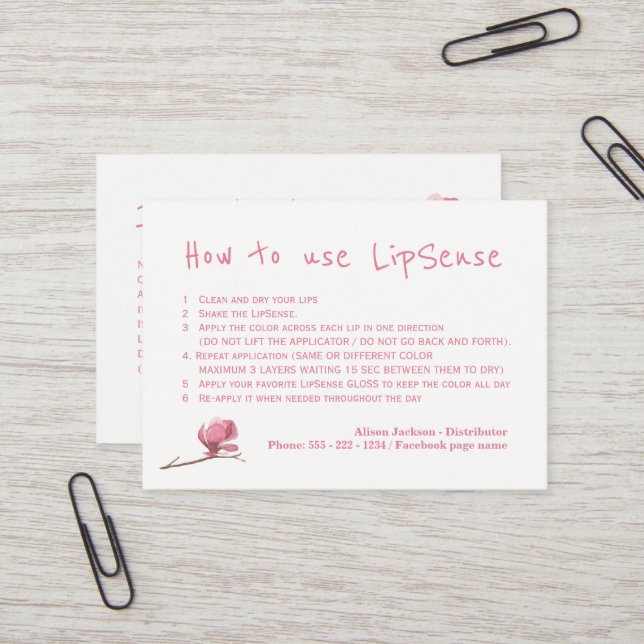 Lip color distributor application instructions business card (Front/Back In Situ)