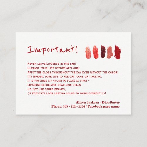 Lip color distributor application instructions business card