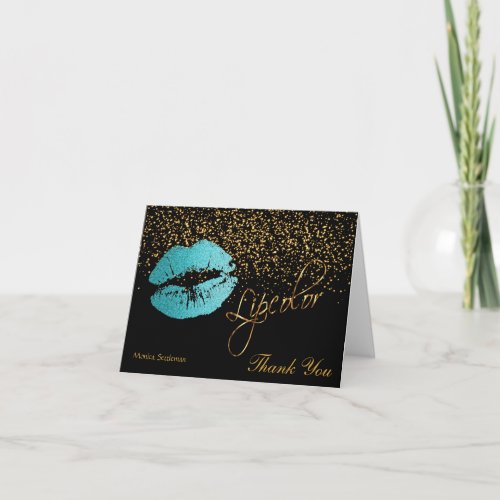 Lip Color Teal Glitter Lips on Black Thank You Card