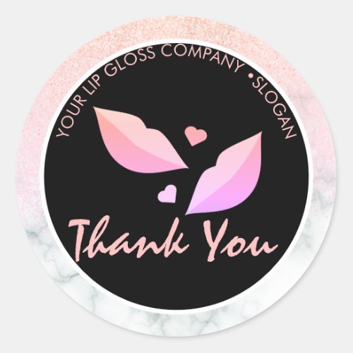  Lip Gloss Business Logo Marble Glitter Pink Classic Round Sticker