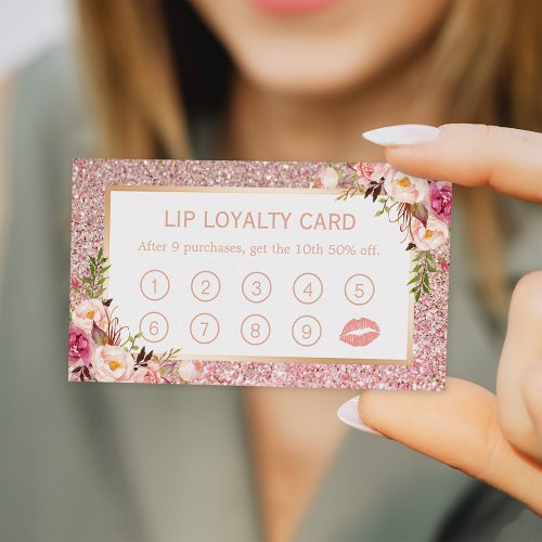 Lip Loyalty Card  Pink Floral Rose Gold Glitters