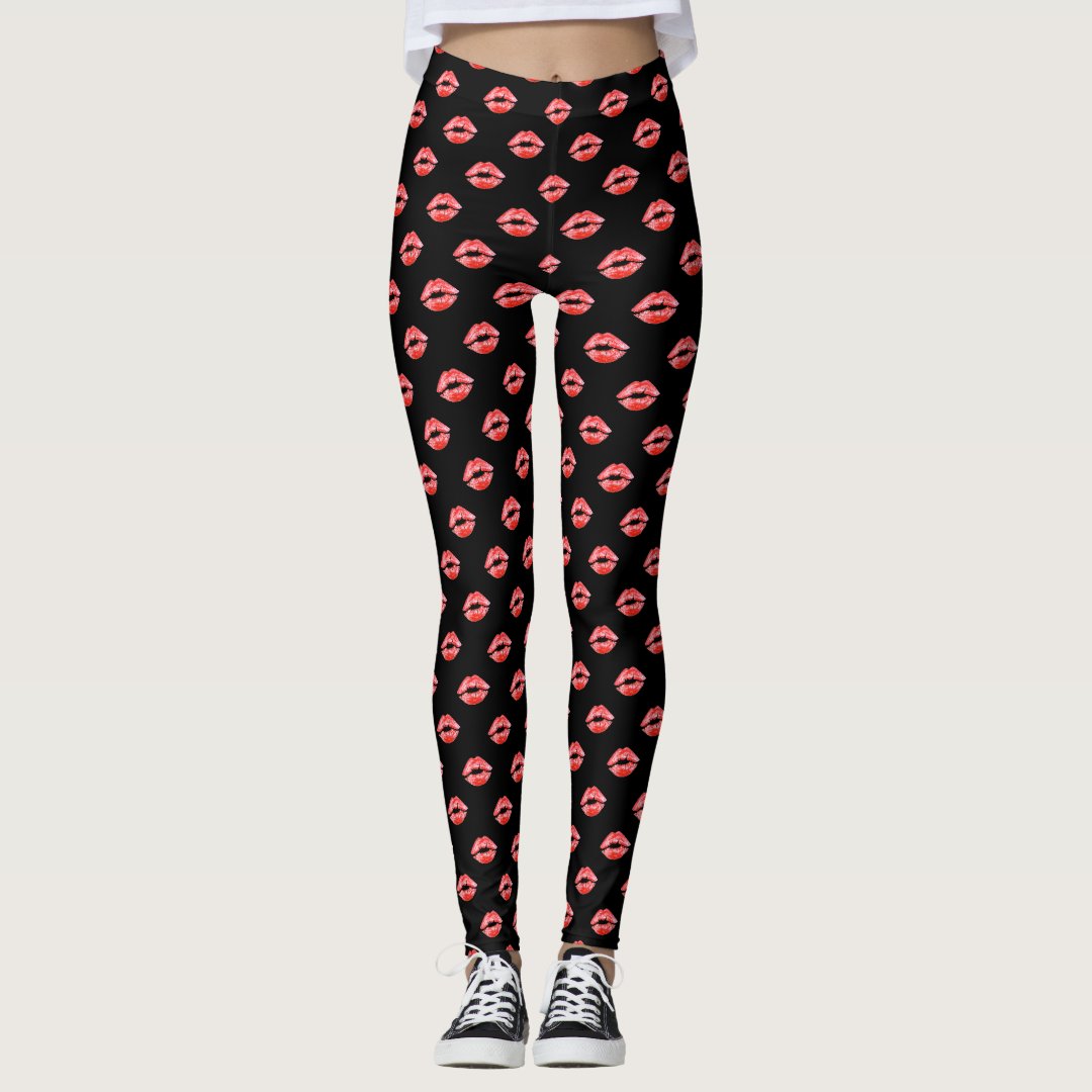 Lip Print Leggings Black Red kiss Pants | Zazzle