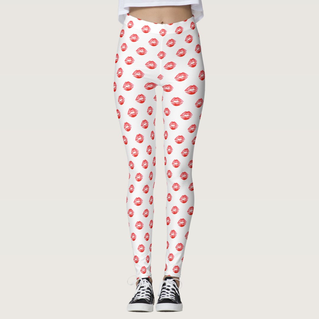 Lip Print Leggings White Red kiss Pants | Zazzle