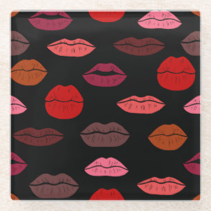 Lip print, red pink kisses. glass coaster