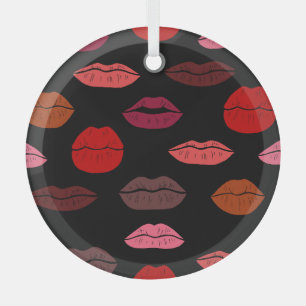 Lip print, red pink kisses. glass ornament
