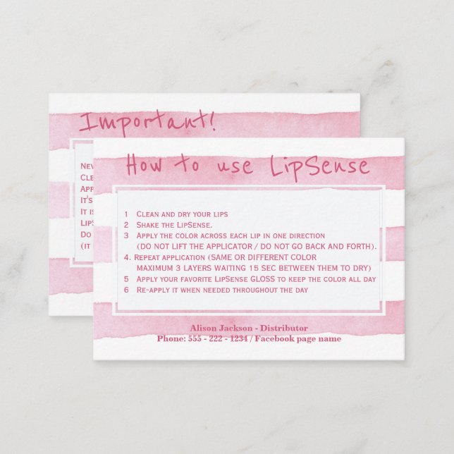 Lip product distributor application instructions business card (Front/Back)