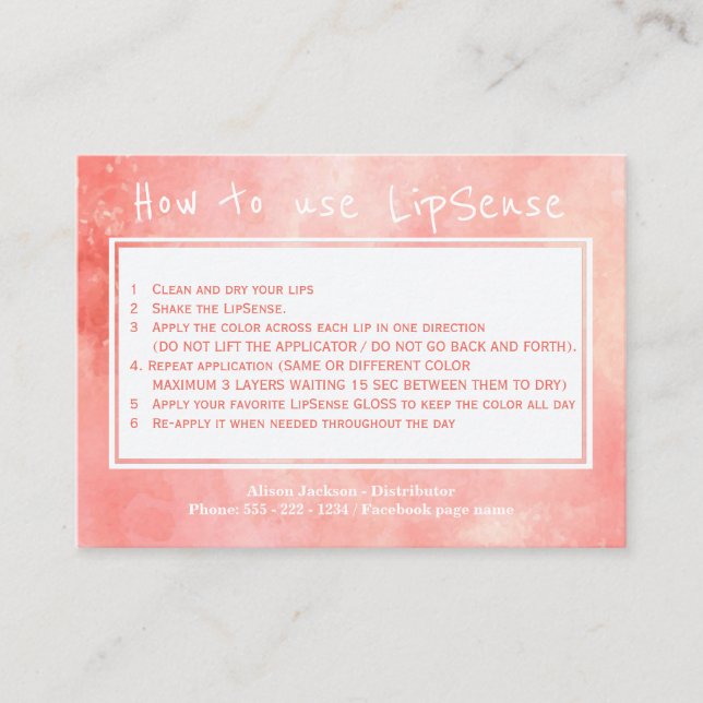 Lip product distributor application instructions business card (Front)