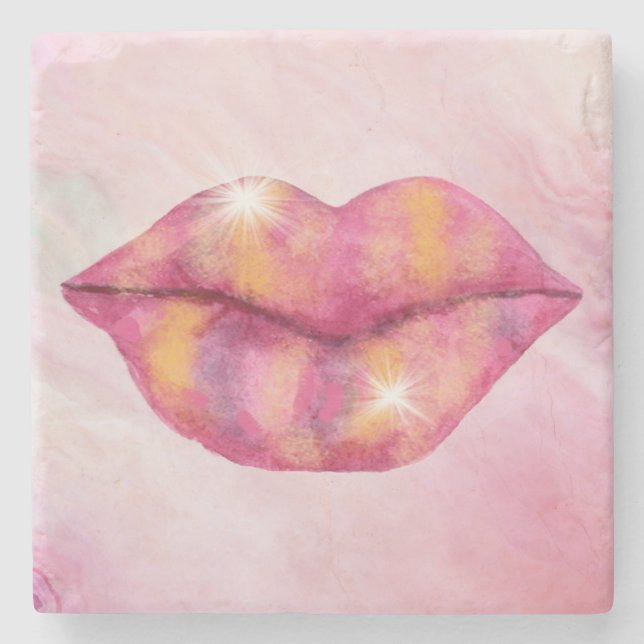 Lip Stone Coasters in Pink & Gold Color (Front)