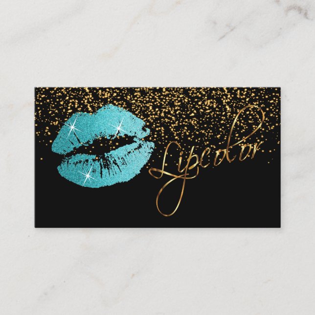 Lipcolor with Gold Confetti & Pretty Teal Lips Business Card (Front)