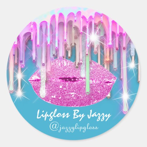 Lipgloss Makeup Drips Packaging Pink Drips Blue Classic Round Sticker