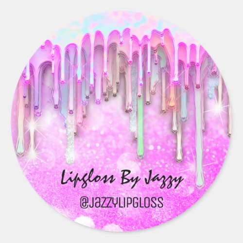 Lipgloss Makeup Drips Packaging Pink Glitter Classic Round Sticker