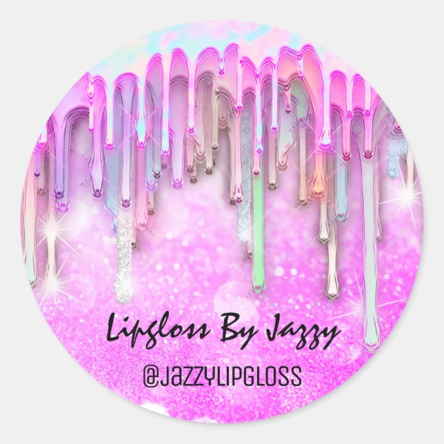 Lipgloss Makeup Drips Packaging Pink Glitter Classic Round Sticker (Front)