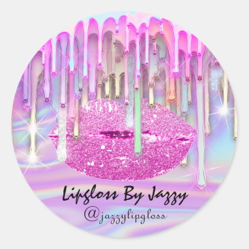 Lipgloss Makeup Drips Packaging Pink Holograph 1 Classic Round Sticker