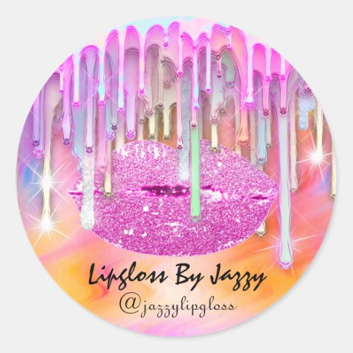 Lipgloss Makeup Drips Packaging Pink Holographic  Classic Round Sticker