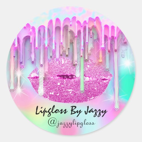 Lipgloss Makeup Packaging Pink Drip Holograph Drip Classic Round Sticker