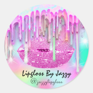 Lipgloss Makeup Packaging Pink Drip Holograph Drip Classic Round Sticker