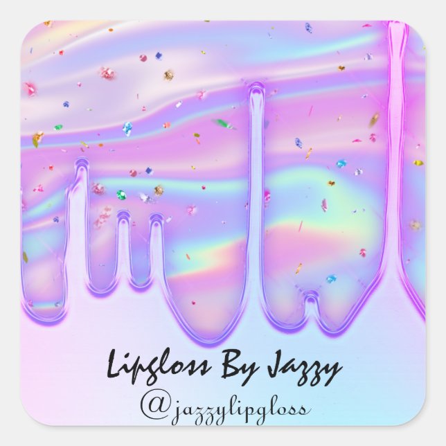 Lipgloss Makeup Pink Blue Drips Holographic Square Sticker (Front)