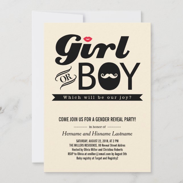 Lips and Mustache Baby Gender Reveal Party Invite (Front)