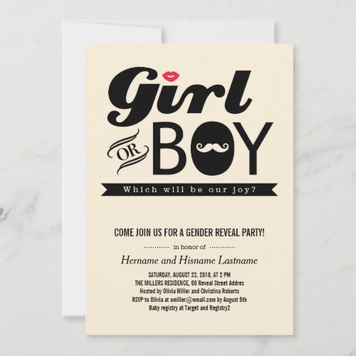 Lips and Mustache Baby Gender Reveal Party Invite
