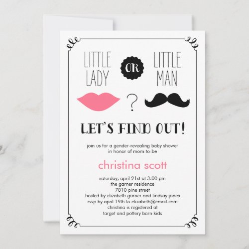 Lips and Mustache Gender Reveal Baby Shower Invite 5" X 7" Invitation Card