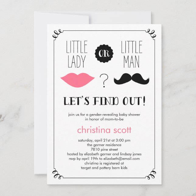 Lips and Mustache Gender Reveal Baby Shower Invite (Front)