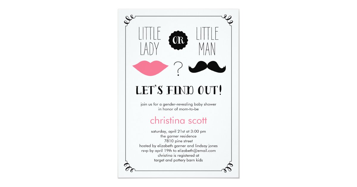Lips And Mustache Gender Reveal Baby Shower Invite