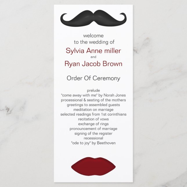 lips and mustache mod wedding program (Front)