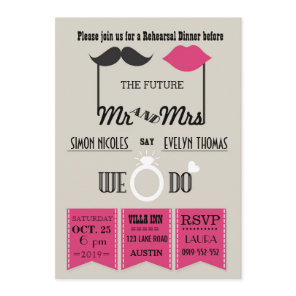 Lips and Mustache Typography Chic Rehearsal Dinner Invitation