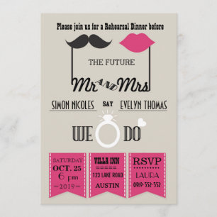 Lips and Mustache Typography Chic Rehearsal Dinner Invitation