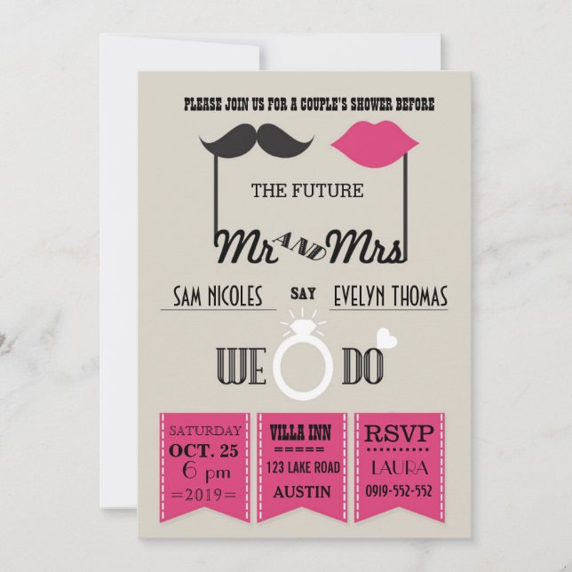 Lips and Mustache Typography Chic Wedding Shower Invitation (Front)